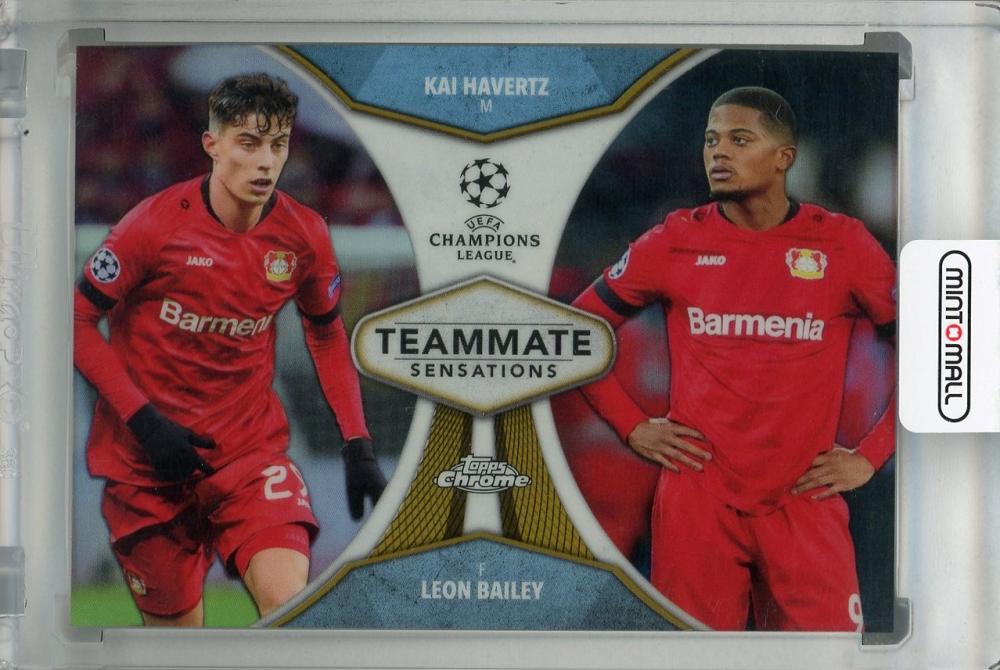 2019-20 Topps Chrome UEFA Champions League Bayer 04 Leverkusen card featuring Kai Havertz and Leon Bailey Teammate Sensations Gold 21/50
