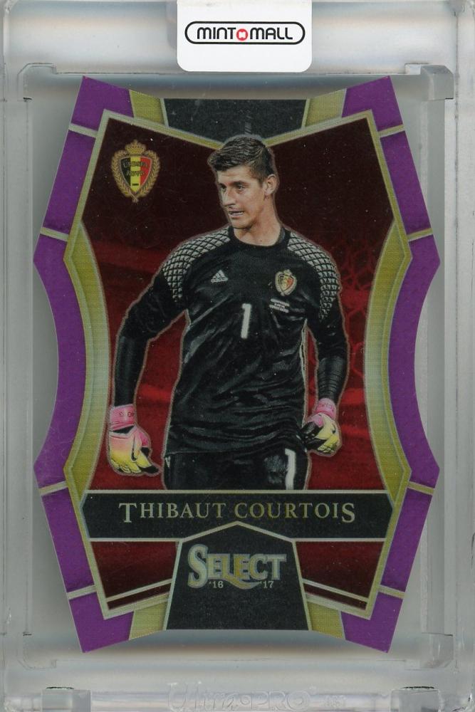 2016-17 Panini Select Thibaut Courtois Mezzanine Purple Prizms Die-Cut soccer card #131 serial 023/149 Belgium with visible damage