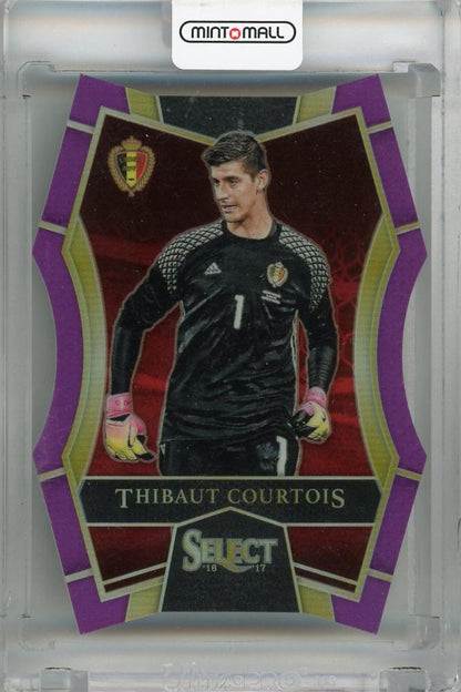 2016-17 Panini Select Thibaut Courtois Mezzanine Purple Prizms Die-Cut soccer card #131 serial 023/149 Belgium with visible damage