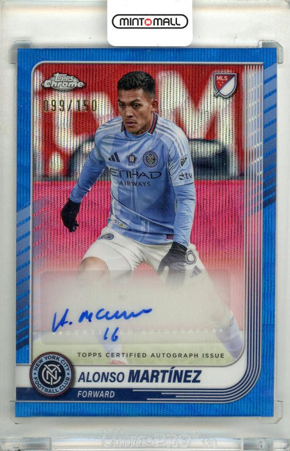 2025 Topps Chrome Major League Soccer Alonso Martinez autograph card Blue Wave Parallel numbered 099 of 150 New York City