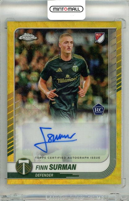 2025 Topps Chrome MLS Finn Surman Autograph Gold Wave Parallel numbered 13 of 50 Portland Timbers card