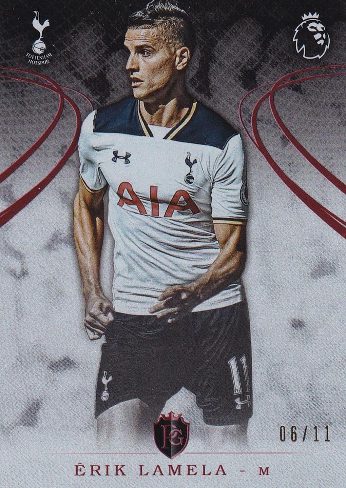 2016 Topps Premier Gold Red Parallel Erik Lamela trading card from Tottenham Hotspur serial numbered 06 of 11