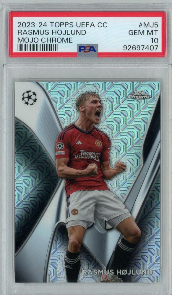 2023-24 Topps UEFA Club Competitions Rasmus Hojlund Mojo #MJ5PSA10 Gem-MINT card showing Manchester United