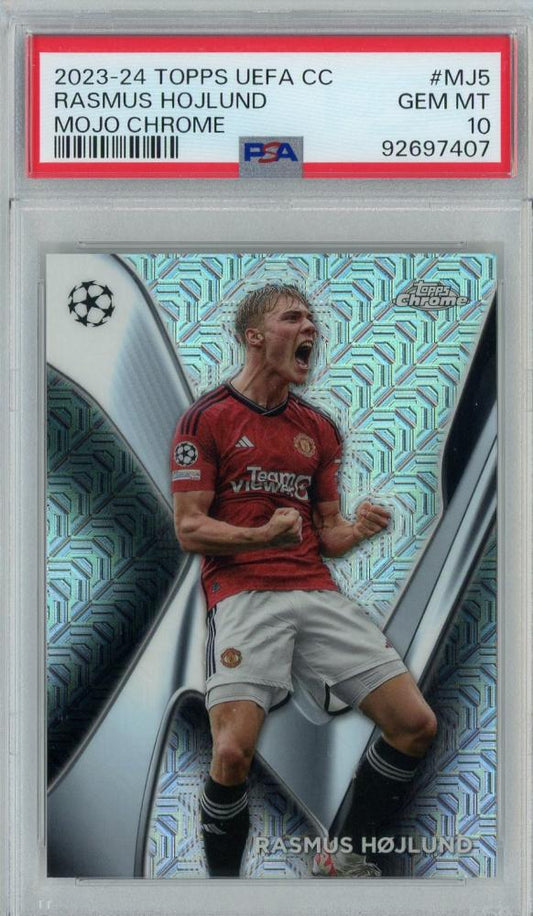 2023-24 Topps UEFA Club Competitions Rasmus Hojlund Mojo #MJ5PSA10 Gem-MINT card showing Manchester United