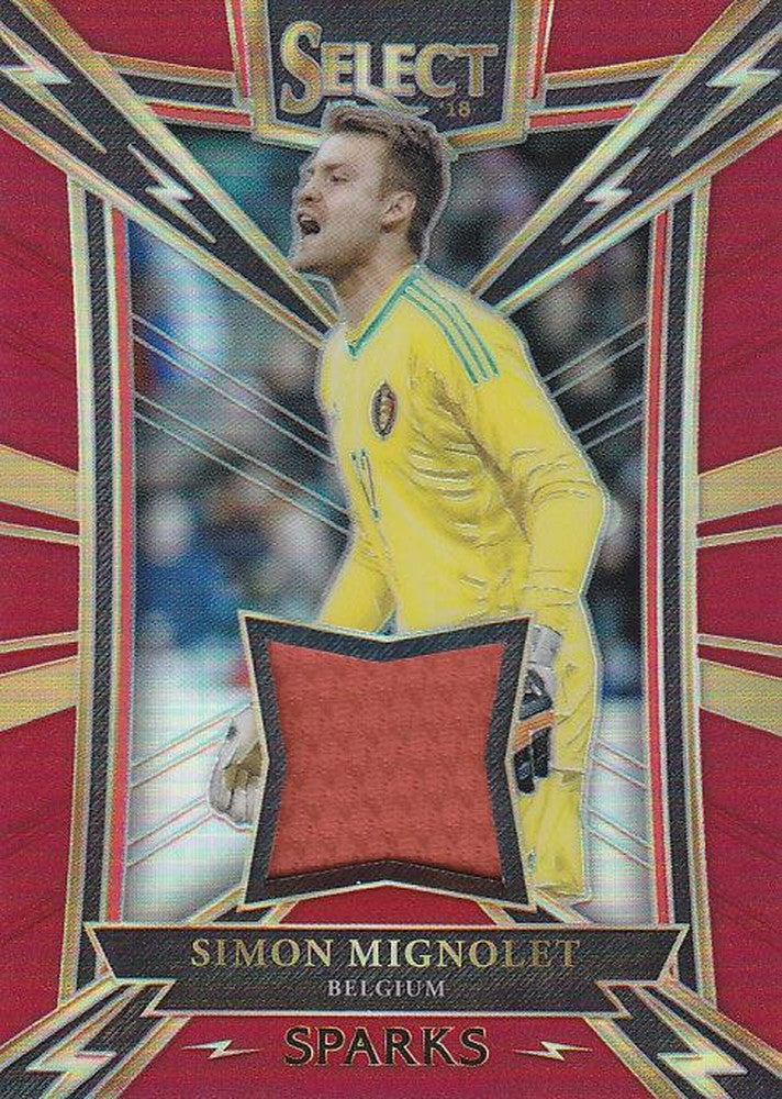 2017-18 Panini Select Soccer trading card of Simon Mignolet Belgium Sparks Memorabilia maroon serial 121 of 199