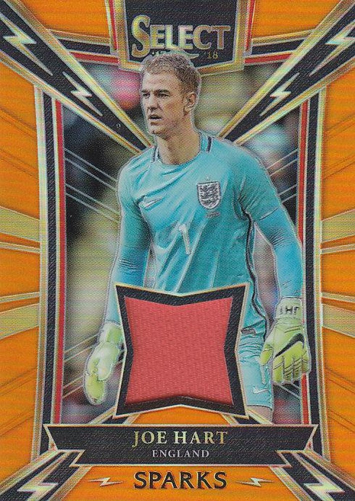 2017-18 Panini Select Soccer Joe Hart England Sparks orange memorabilia card numbered 55 of 75 with minor back stain