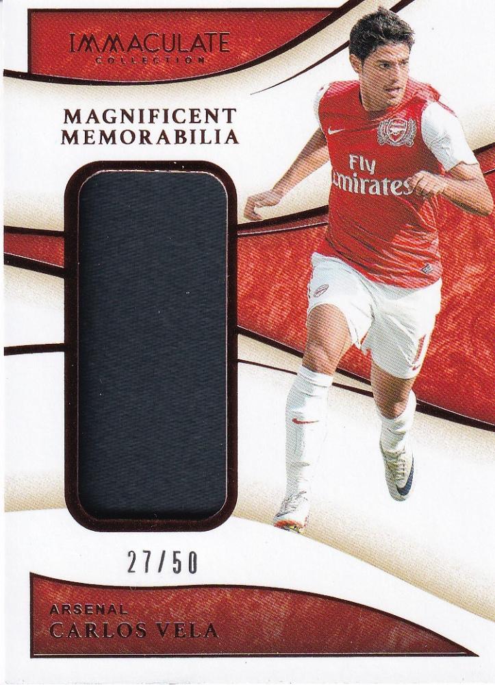 2020 Panini Immaculate Collection Arsenal Carlos Vela Magnificent Memorabilia Bronze parallel card numbered 27 of 50
