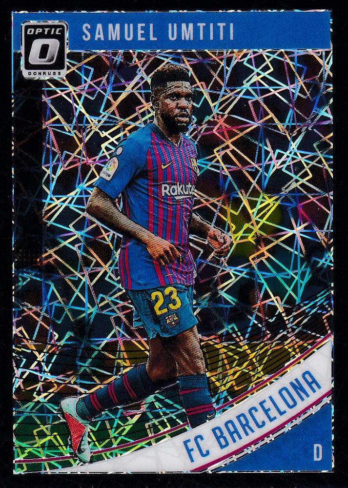 2018-19 Donruss FC Barcelona Samuel Umtiti Base Optic Black Velocity card numbered 14 of 25