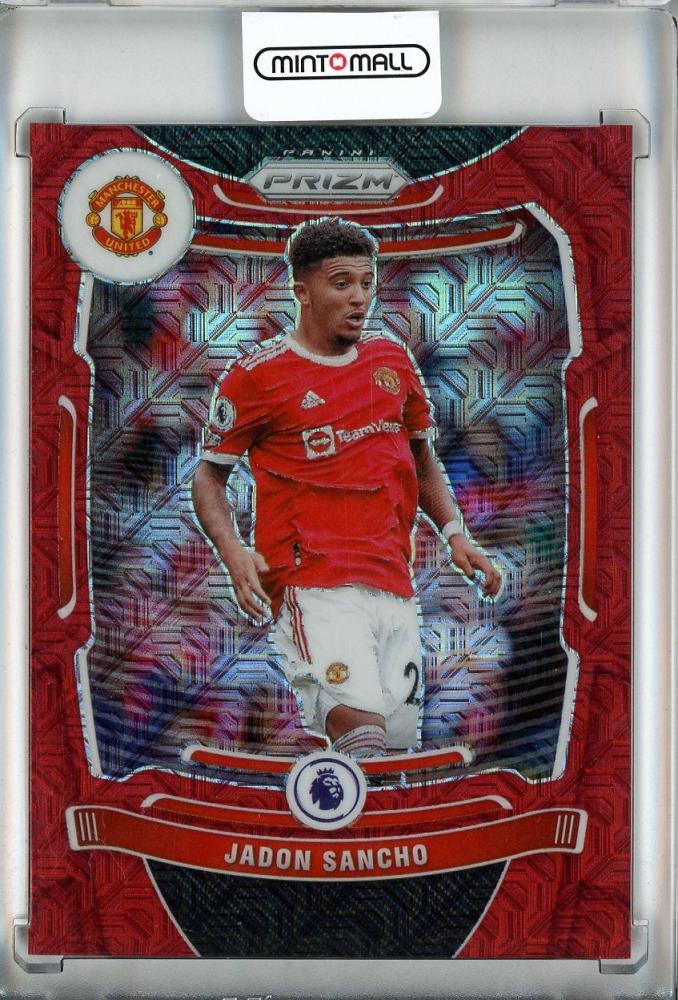 2021-22 Panini Prizm Premier League Soccer card of Jadon Sancho with Base and Red Mojo Prizms Manchester United