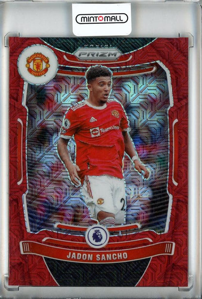 2021-22 Panini Prizm Premier League Soccer card of Jadon Sancho with Base and Red Mojo Prizms Manchester United