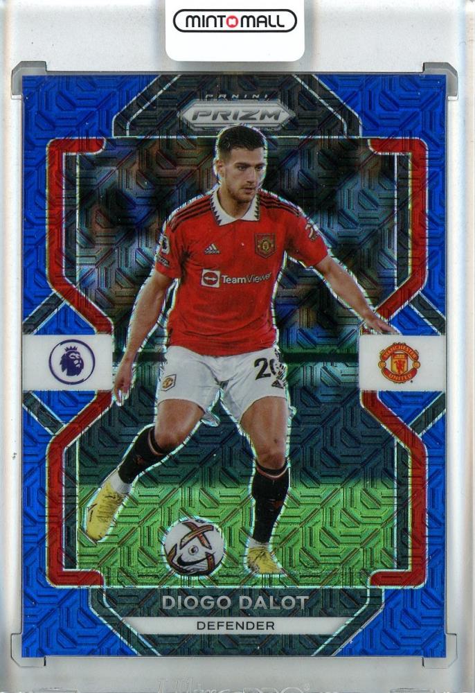 2022-23 Panini Prizm Premier League Soccer card of Diogo Dalot Blue Mojo Prizms serial #8316 out of 25