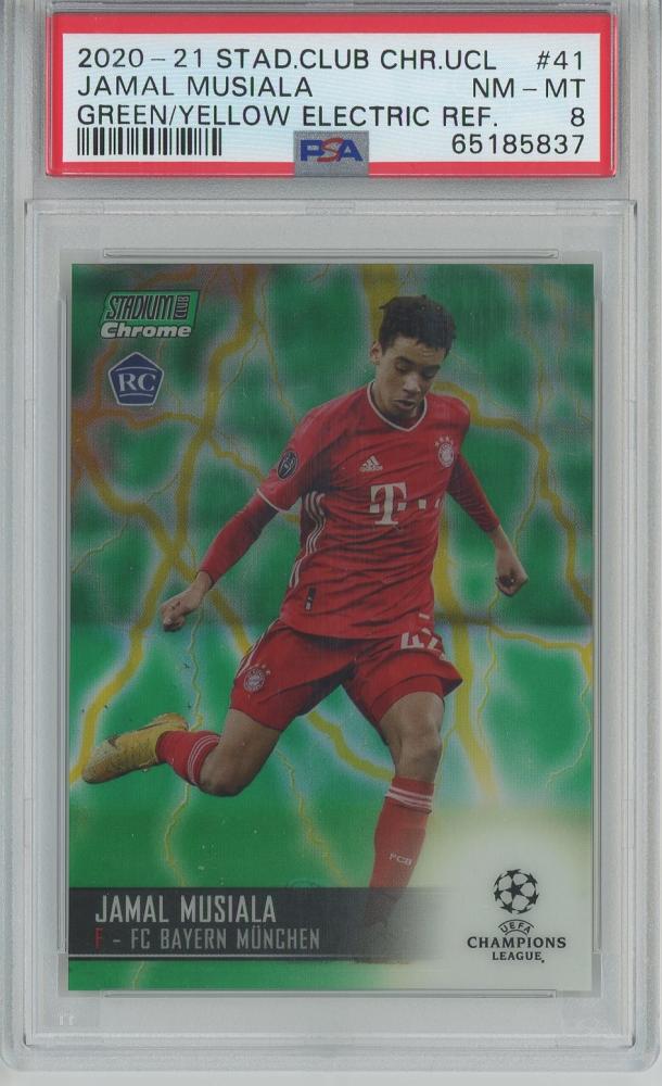 2020-21 Topps Stadium Club Chrome UEFA Champions League Jamal Musiala Base rookie card serial 41 graded PSA8