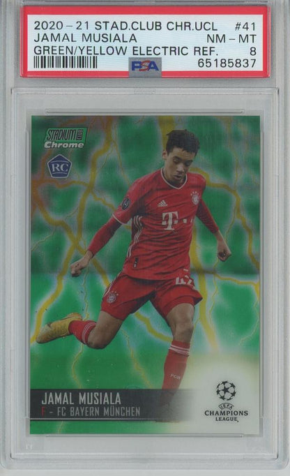 2020-21 Topps Stadium Club Chrome UEFA Champions League Jamal Musiala Base rookie card serial 41 graded PSA8