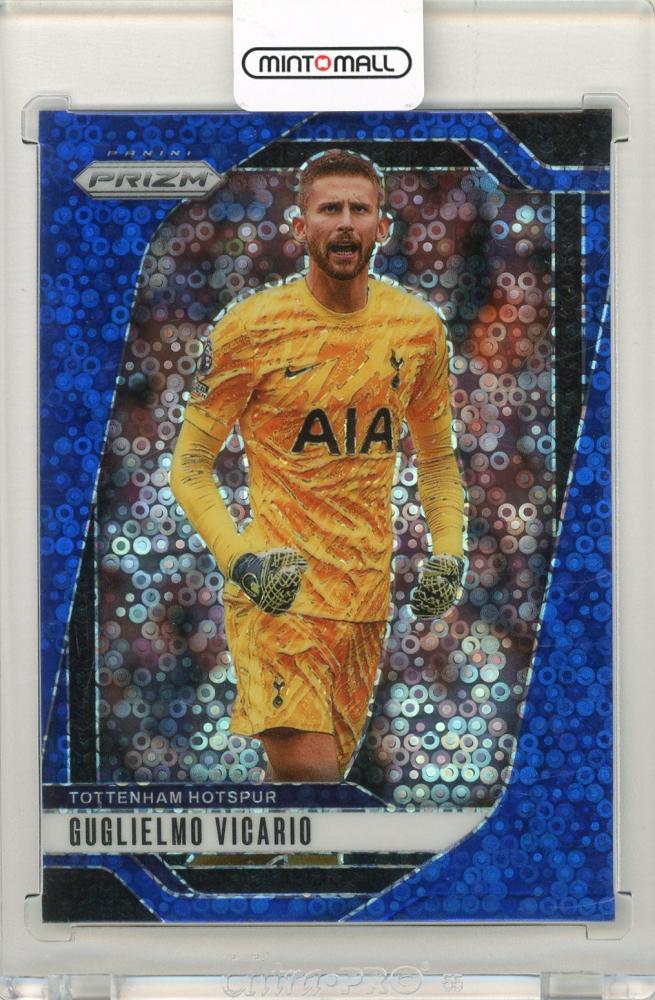 2024-25 Panini Prizm Premier League trading card of Guglielmo Vicario Blue Breakaway Prizms 22 out of 99 Tottenham Hotspur