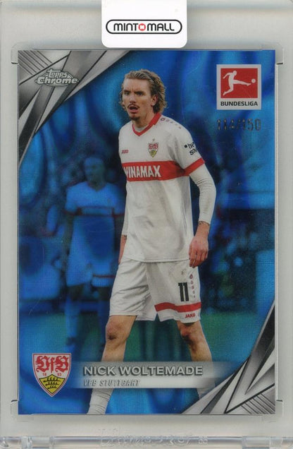2024-25 Topps Chrome Bundesliga Nick Woltemade Blue Lava Refractor card numbered 114 out of 150 featuring VFB Stuttgart