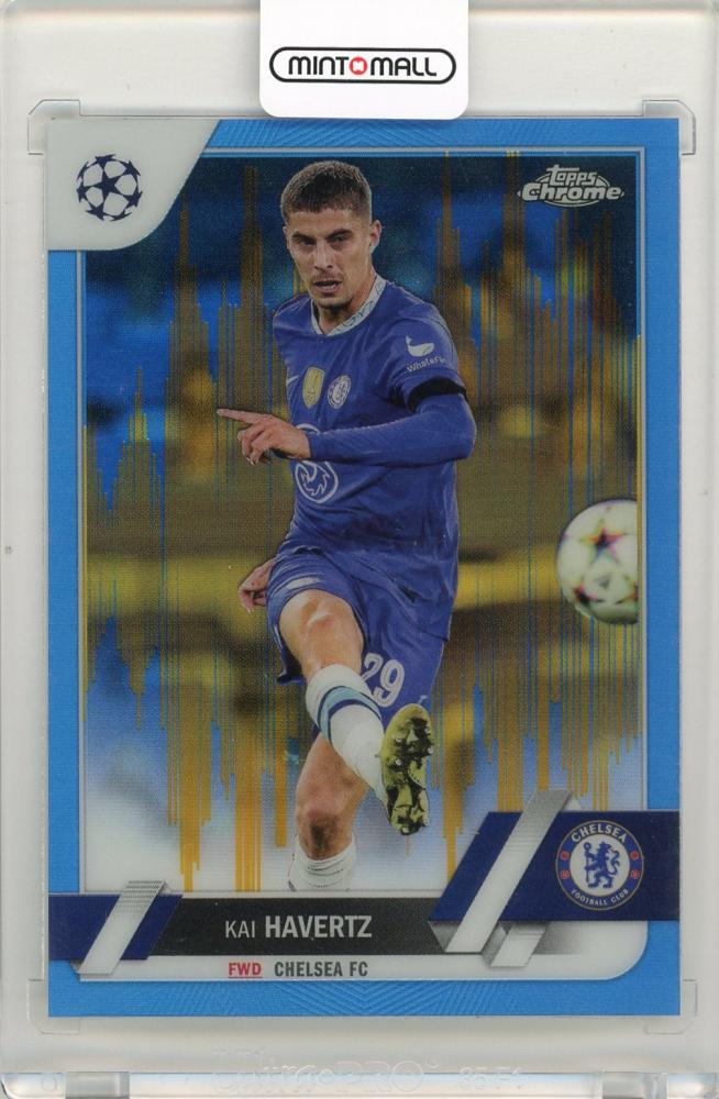 2022-23 Topps Chrome UEFA Club Competitions Kai Havertz Blue/Gold Seismic Refractor card number 34 of 75 from Chelsea FC