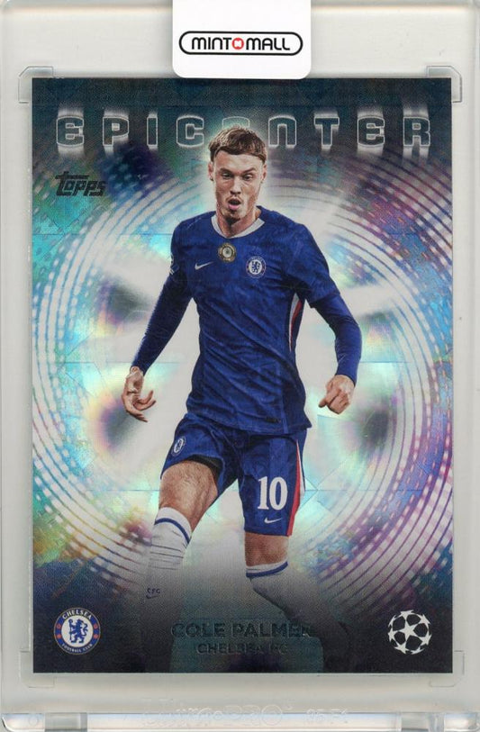 2025-26 Topps UEFA Club Competitions trading card featuring Cole Palmer in Epicenter Chelsea FC design