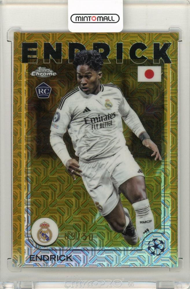 2024-25 Topps UEFA Japan Edition Endrick Gold Mojo Refractor soccer card numbered 09/50 featuring Real Madrid C.F.