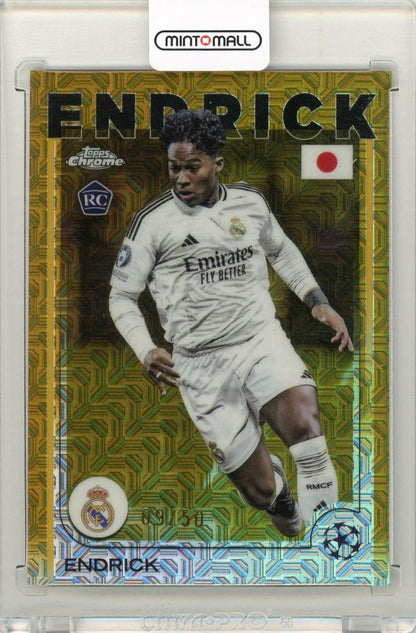 2024-25 Topps UEFA Japan Edition Endrick Gold Mojo Refractor soccer card numbered 09/50 featuring Real Madrid C.F.