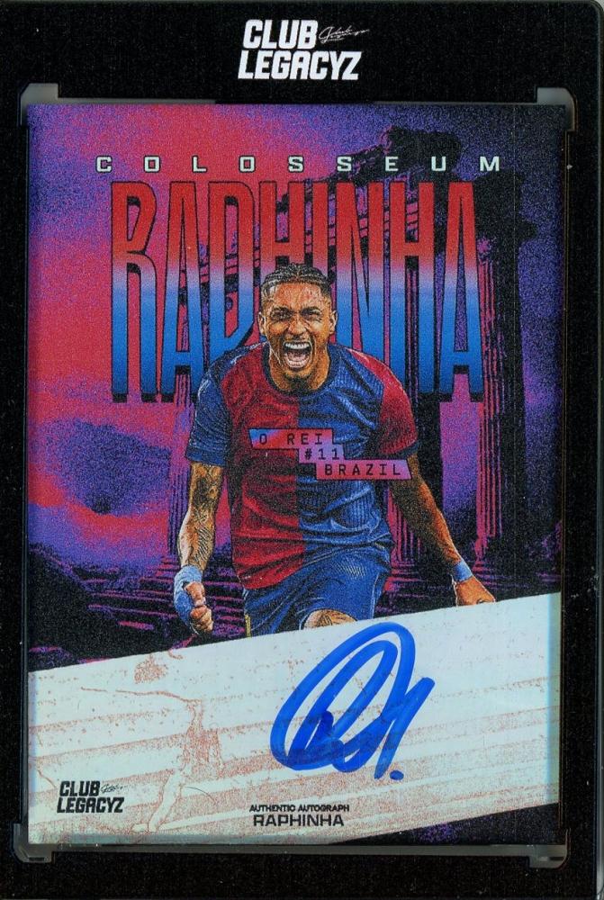 2026 CLUB LEGACYZ ICONS Raphinha Auto58/100 trading card featuring FC Barcelona team branding