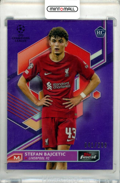 2022-23 Topps Finest UEFA Club Stefan Bajcetic Purple Refractor serial 041 of 299 Liverpool FC card