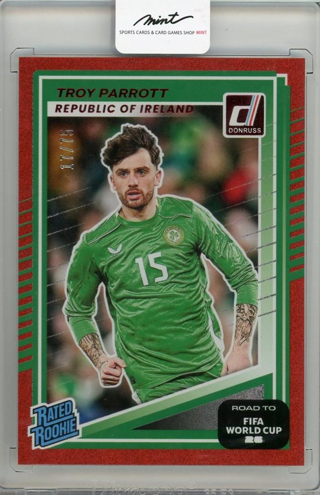 2025-26 PANINI DONRUSS ROAD TO FIFA WORLD CUP trading card featuring Troy Parrott from Lreland, card #23117/75