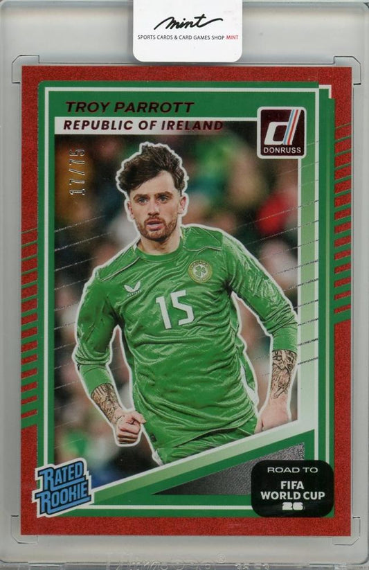 2025-26 PANINI DONRUSS ROAD TO FIFA WORLD CUP trading card featuring Troy Parrott from Lreland, card #23117/75