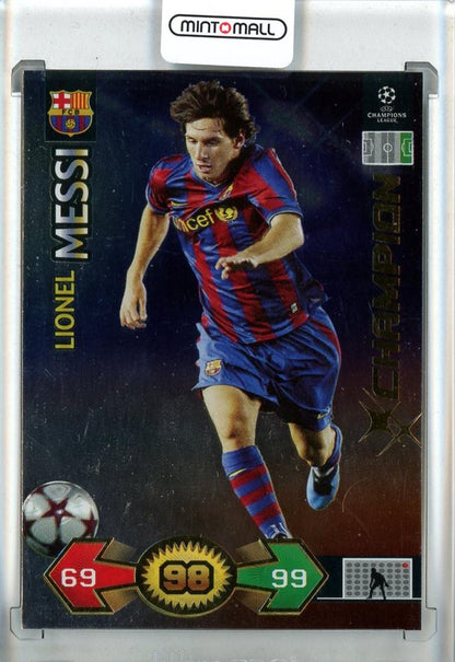 2009-10 Panini Super Strikes Champions League trading card featuring Lionel Messi in FC Barcelona kit