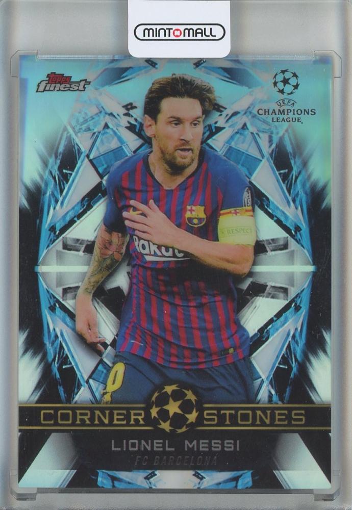 2018-19 Finest UEFA Champions League Lionel Messi Cornerstones #FCLM trading card showing player in FC Barcelona kit