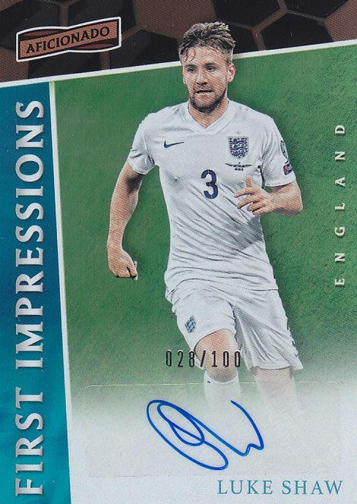 2016-17 PANINI AFICIONADO Luke Shaw autographed football card numbered 028 of 100