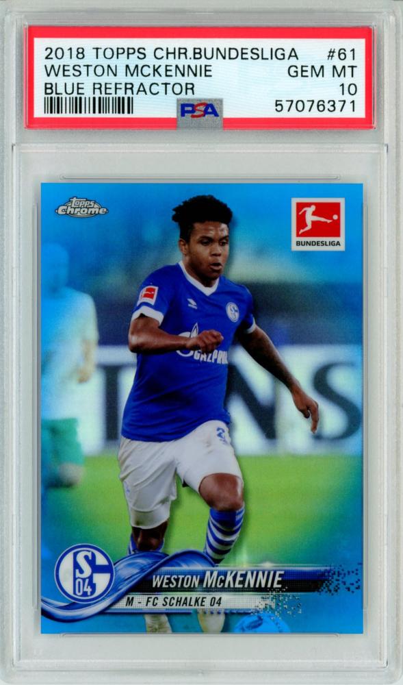 PSA10 graded 2018-19 Topps Chrome Bundesliga Weston Mckennie Blue Refractor card numbered 60 of 199