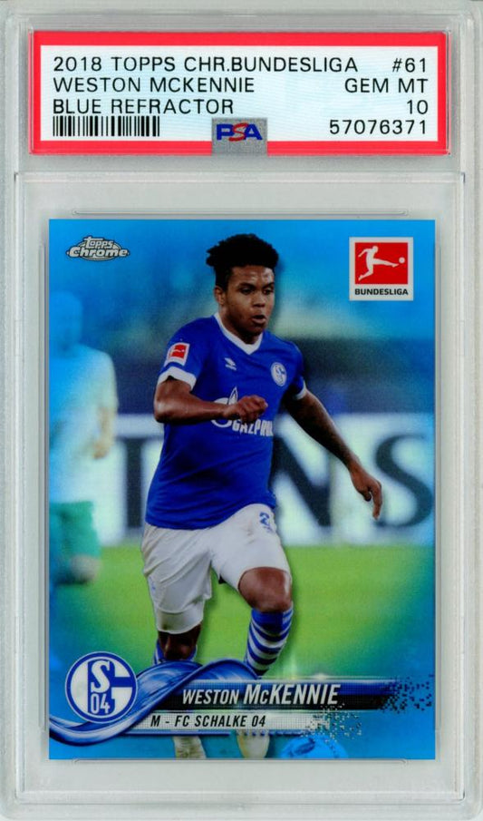 PSA10 graded 2018-19 Topps Chrome Bundesliga Weston Mckennie Blue Refractor card numbered 60 of 199