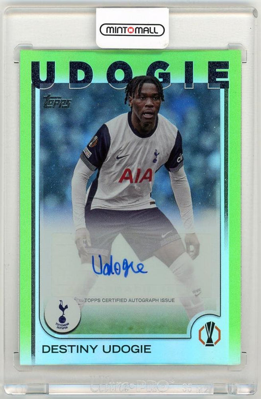 2024-25 Topps UEFA Club Competitions Destiny Udogie Autograph Green Foilboard Parallel card numbered 58 of 199