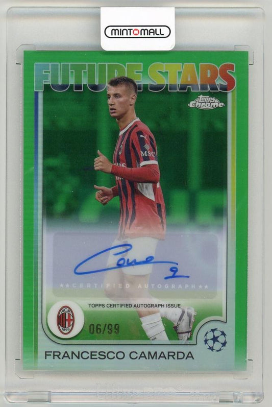 2024-25 Topps Chrome UEFA Francesco Camarda Future Stars Autograph Green Refractor card 6 of 99 AC Milan