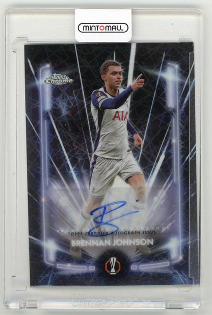 2024-25 Topps Chrome UEFA Brennan Johnson Black Lazer Autograph trading card from Tottenham Hotspur