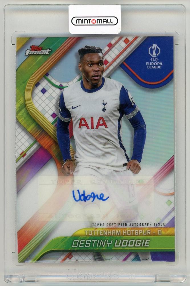 2024-25 Topps Finest UEFA Club Competitions Destiny Udogie Autograph trading card featuring Tottenham Hotspur