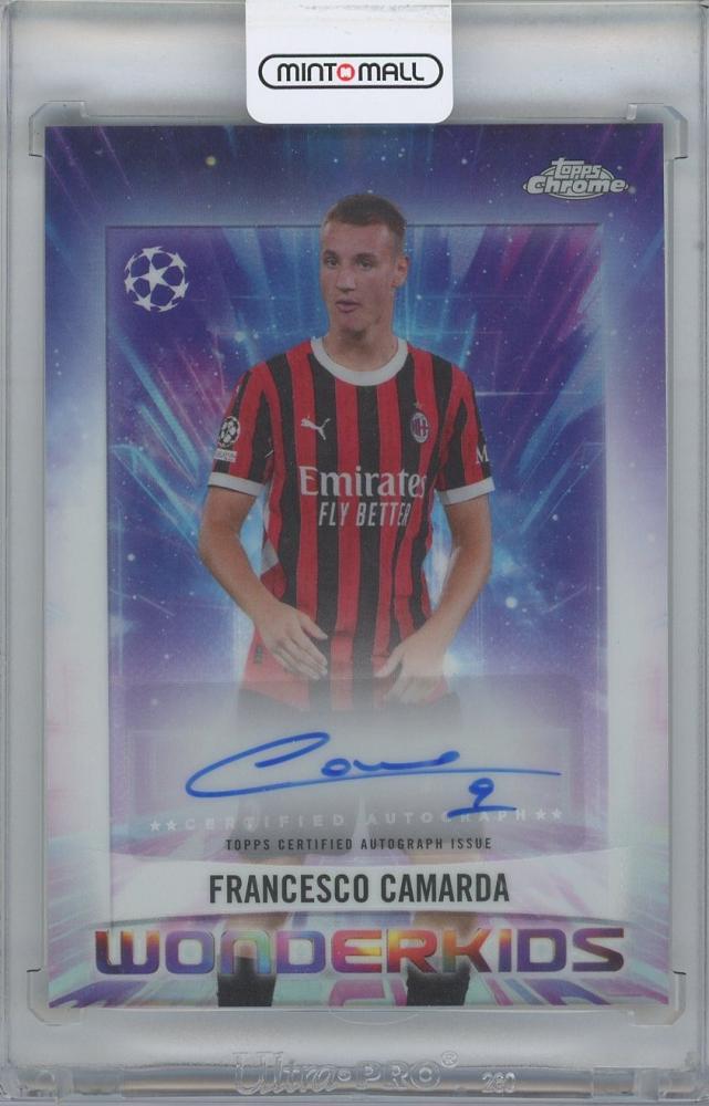 2024-25 TOPPS Chrome UEFA Club Competitions Wonderkids Autographs card featuring Francesco Camarda of AC Milan