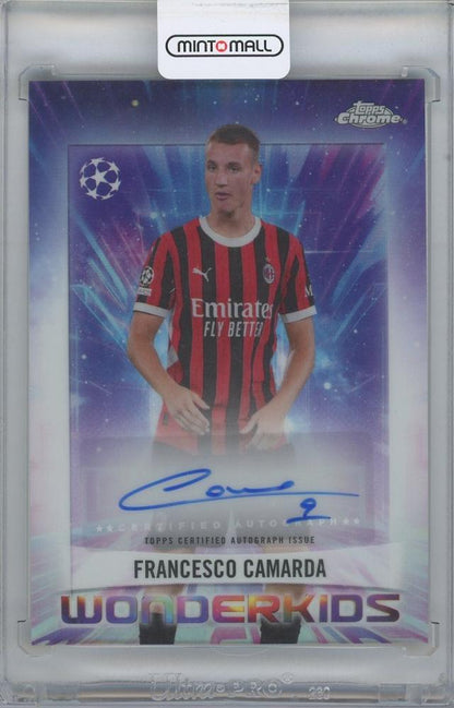 2024-25 TOPPS Chrome UEFA Club Competitions Wonderkids Autographs card featuring Francesco Camarda of AC Milan