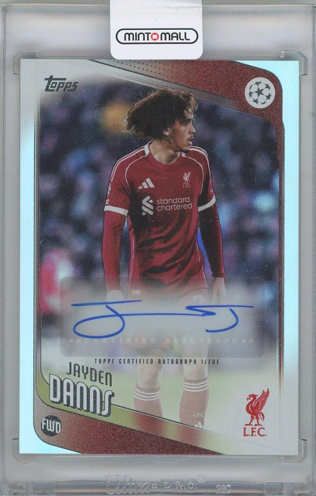 2025-26 TOPPS UEFA Club Competitions Autographs trading card featuring Jayden Danns from Liverpool FC
