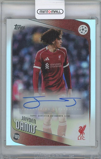 2025-26 TOPPS UEFA Club Competitions Autographs trading card featuring Jayden Danns from Liverpool FC