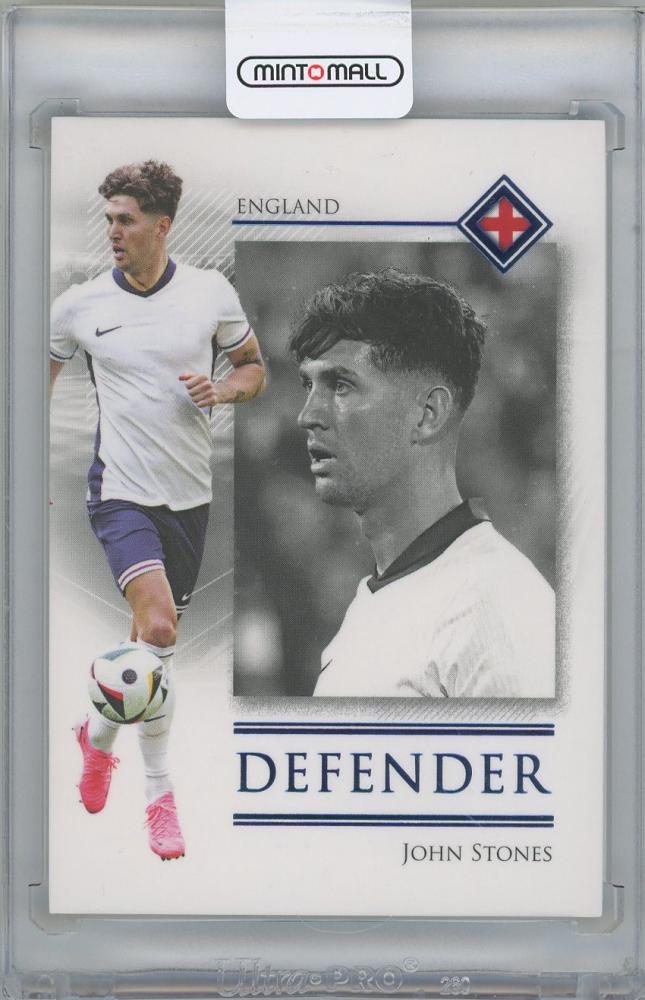 2025 FUTERA Unique World Football Edition 21 Defender Sapphire trading card featuring John Stones of England, serial numbered 027