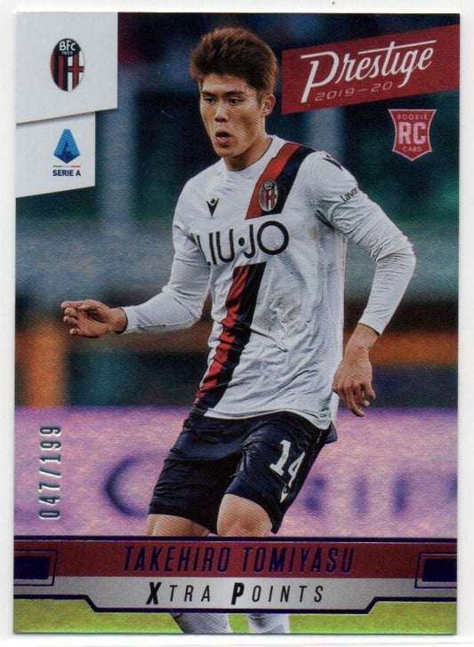 2019-20 Panini Chronicles Prestige Purple Parallel rookie card of Takehiro Tomiyasu from Bologna FC, numbered 47/199