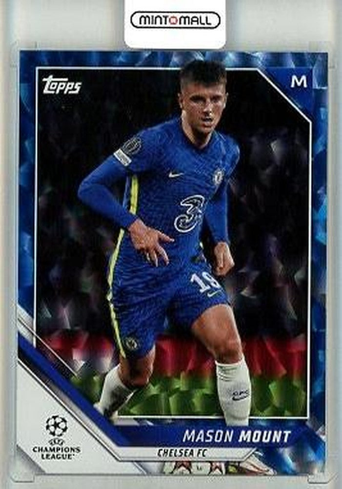 2021-22 Topps UEFA Champions League Mason Mount Icy Blue trading card numbered 69 of 99 with minor stain and scratches