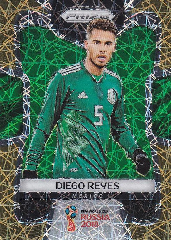 2018 Panini Prizm World Cup Soccer card of Diego Reyes Gold Lazer PRIZM Parallel serial number 12 of 15