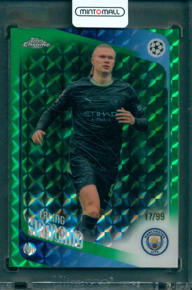 2025-26 TOPPS Chrome UCC Erling Haaland #181 Gleen Geometric Refractor collectible card numbered 17 of 99