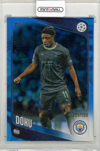 2025-26 TOPPS UEFA Club Competitions Jeremy Doku Blue Raindrops trading card numbered 47121 of 150 featuring Manchester City