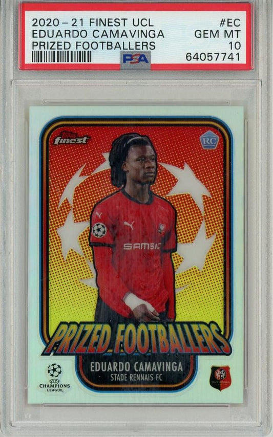 2020-21 Topps Chrome UEFA Champions League Eduardo Camavinga Prized Footballers PSA10 trading card