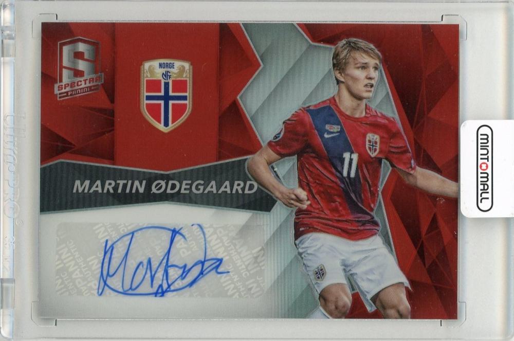 2016-17 Panini Spectra Martin Odegaard Signature Red Parallel card numbered 60 out of 65 from Norway