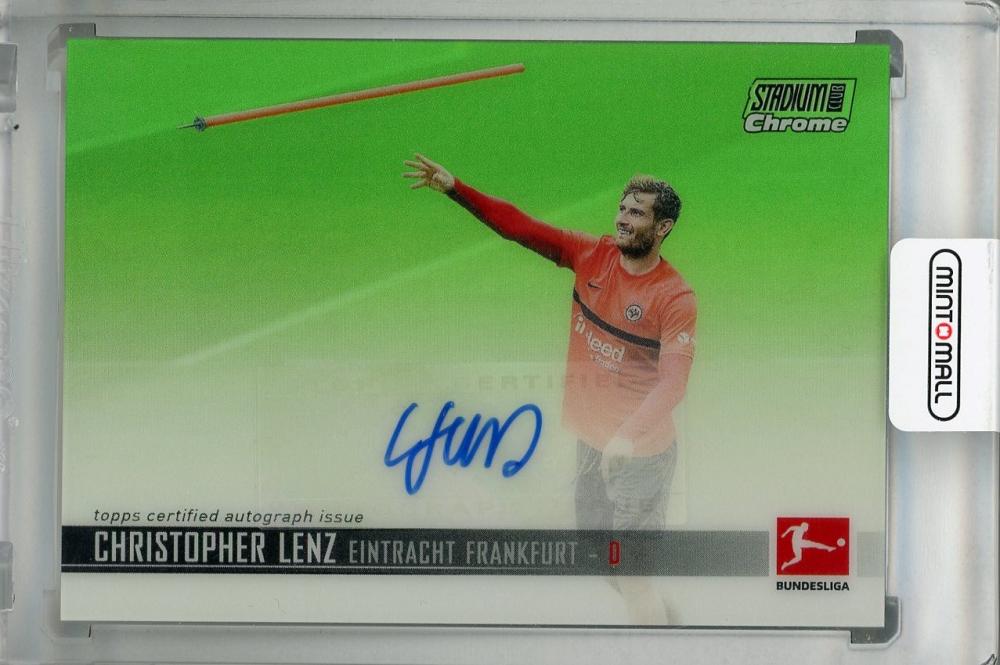 2021-22 Topps Stadium Club Chrome Bundesliga Christopher Lenz Neon Green autograph card serial number 12 of 99
