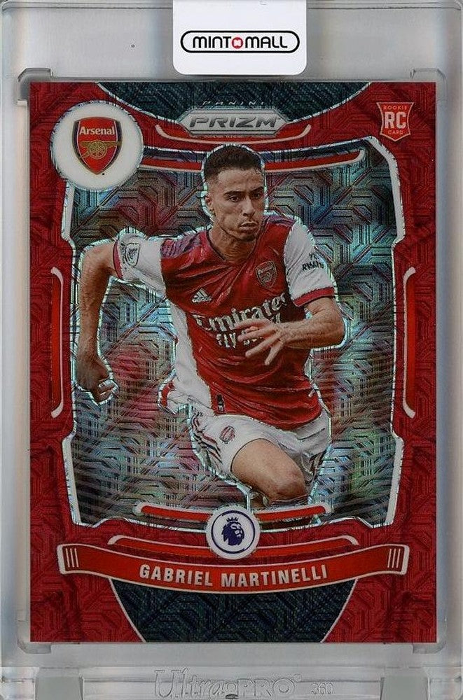 2021-22 Panini Prizm English Premier League Gabriel Martinelli Red Mojo rookie card serial 078 of 159 with minor front scratch